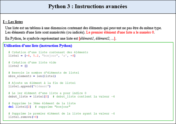 Cours python 3 - Instructions avancées : les listes