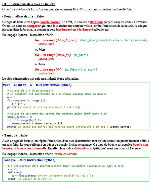 Maths seconde - Python 3 : Instructions itératives