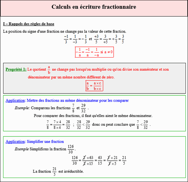 Maths quatrième - Règles de calcul de base avec les fractions