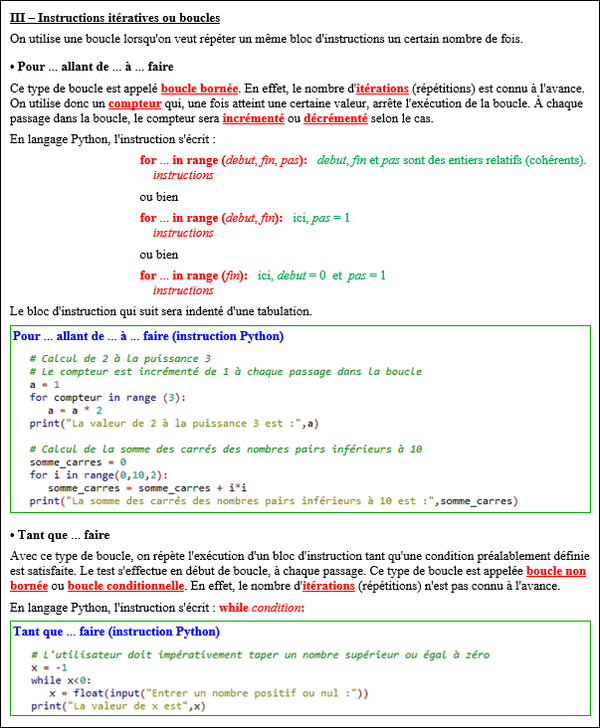 Maths terminale complémentaire - Python 3 - Instructions itératives : for, while