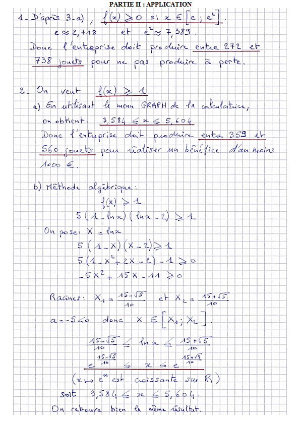Corrigé exercice 7 sur la fonction logarithme