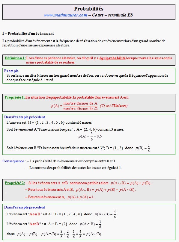 Cours sur les probabilités conditionnelles- terminale ES - page 1