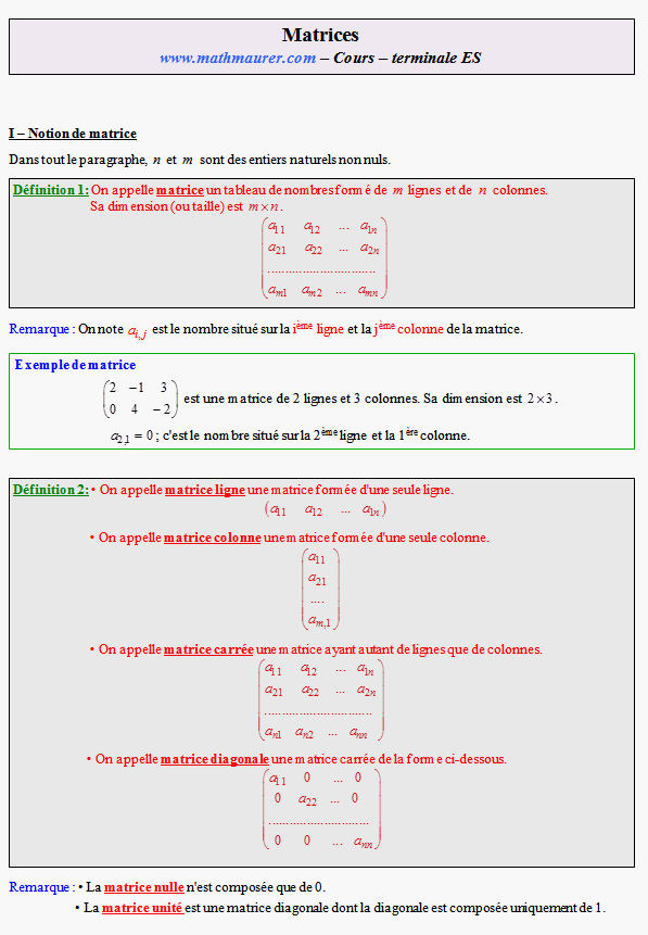 Cours de spécialité sur les matrices - terminale ES - page 1