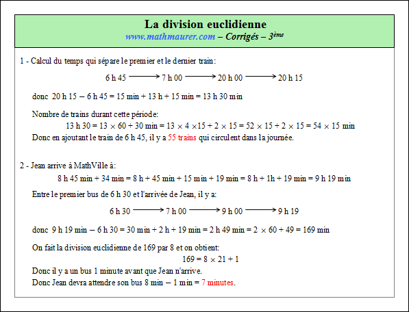 Corrigé exercice 5 sur la division euclidienne