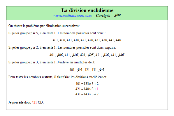 Corrigé exercice 6 sur la division euclidienne