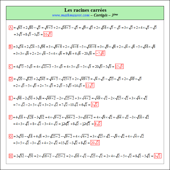 Corrigé exercice 1 sur les racines carrées