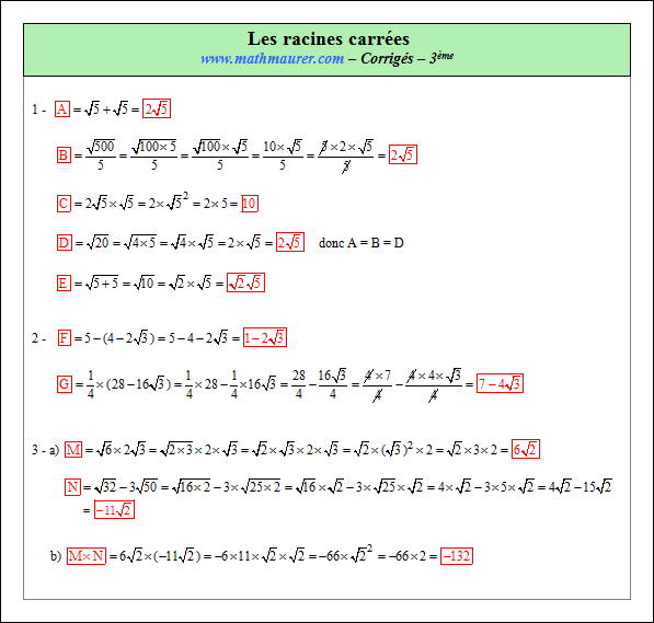 Corrigé exercice 2 sur les racines carrées