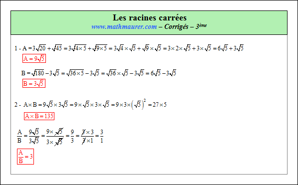 Corrigé exercice 4 sur les racines carrées