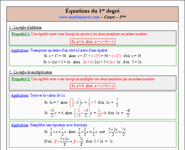Cours sur les équations du premier degré à une inconnue - troisième - page 1