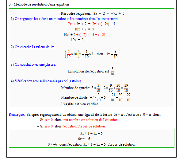 Cours sur les équations du premier degré à une inconnue - troisième - page 2