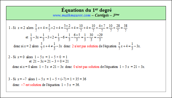 Corrigé exercice 1 sur les équations du premier degré à une inconnue