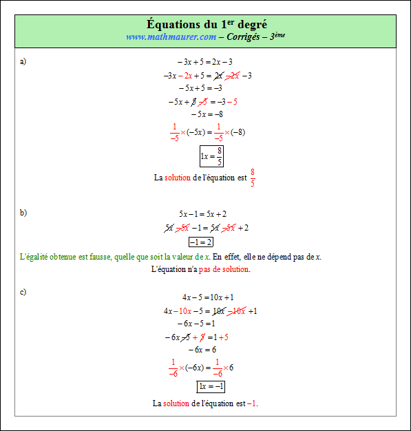 Corrigé exercice 3 sur les équations du premier degré à une inconnue