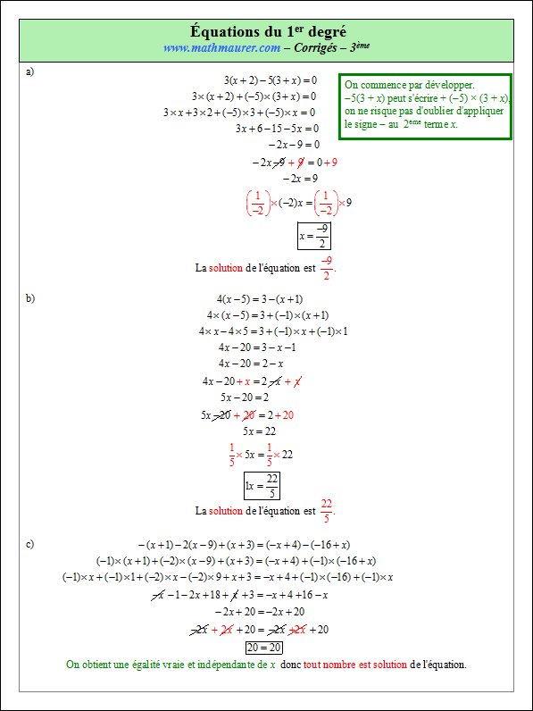 Corrigé exercice 4 sur les équations du premier degré à une inconnue