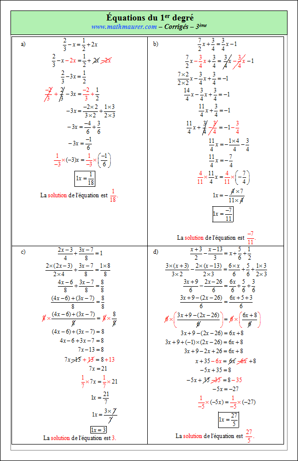 Corrigé exercice 5 sur les équations du premier degré à une inconnue