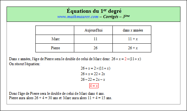 Corrigé exercice 7 sur les équations du premier degré à une inconnue