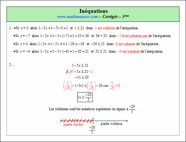 Corrigé exercice 1 sur les inéquations du premier degré à une inconnue