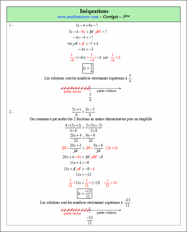 Corrigé exercice 4 sur les inéquations du premier degré à une inconnue