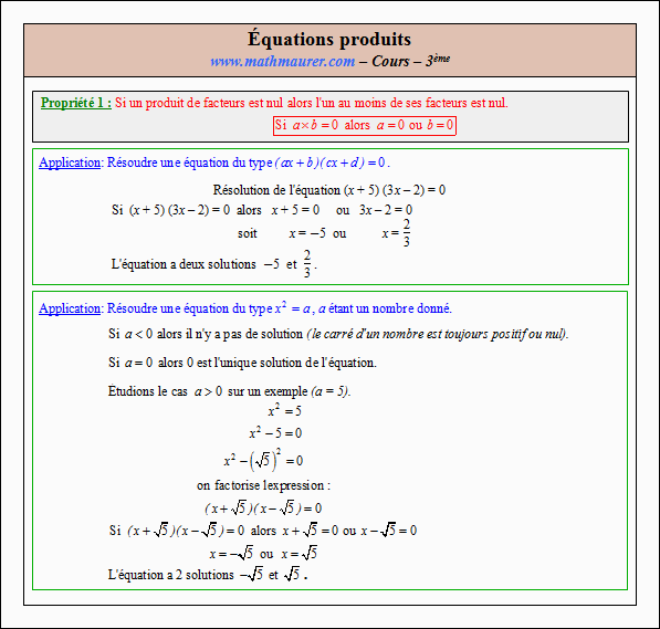 Cours sur les équations produits - troisième - page 1