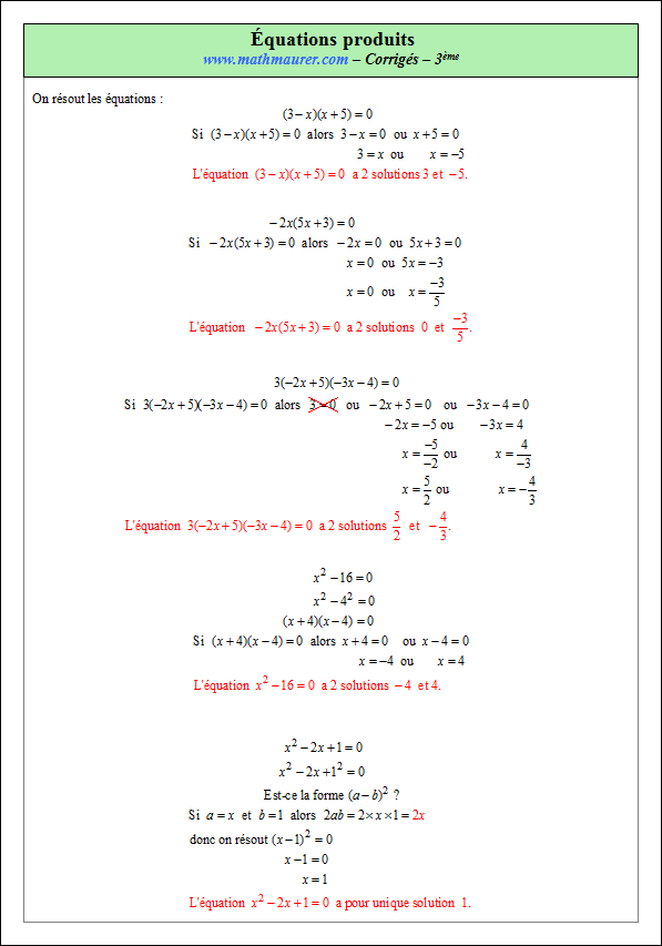 Corrigé exercice 1 sur les équations produits