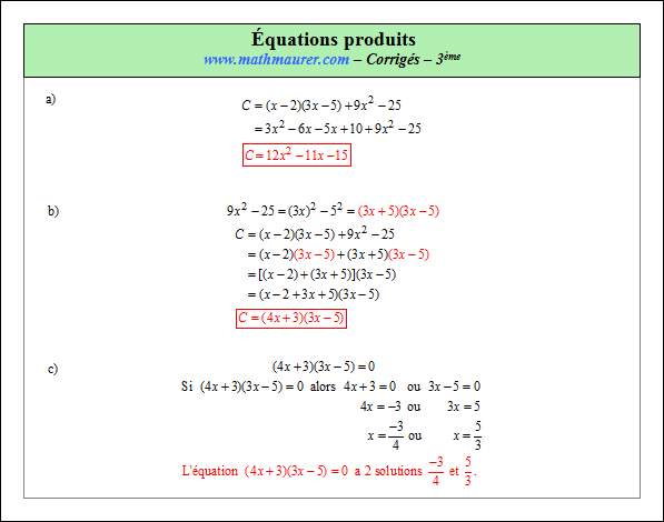 Corrigé exercice 3 sur les équations produits