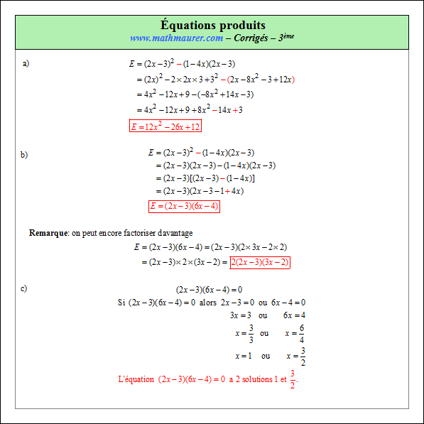 Corrigé exercice 5 sur les équations produits