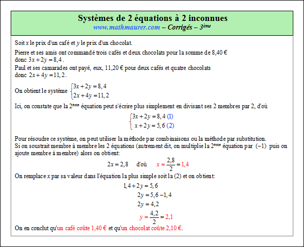 Corrigé exercice 4 sur les systèmes de deux équations à deux inconnues
