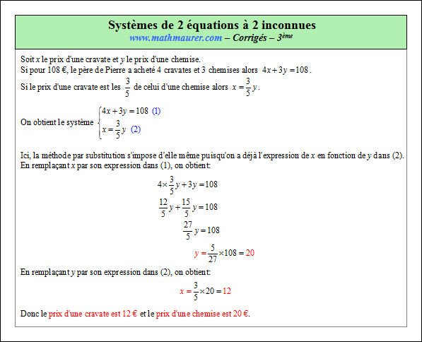 Corrigé exercice 5 sur les systèmes de deux équations à deux inconnues