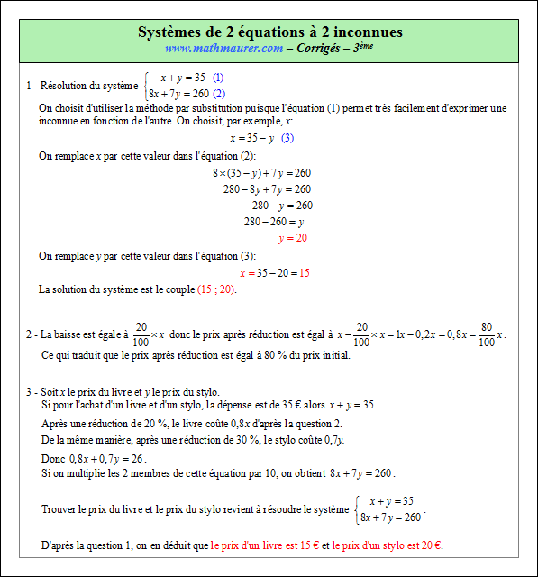 Corrigé exercice 6 sur les systèmes de deux équations à deux inconnues