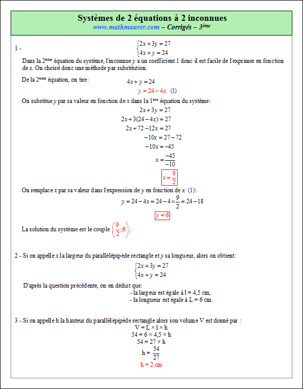 Corrigé exercice 7 sur les systèmes de deux équations à deux inconnues