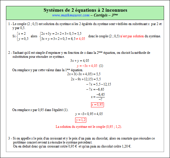 Corrigé exercice 8 sur les systèmes de deux équations à deux inconnues