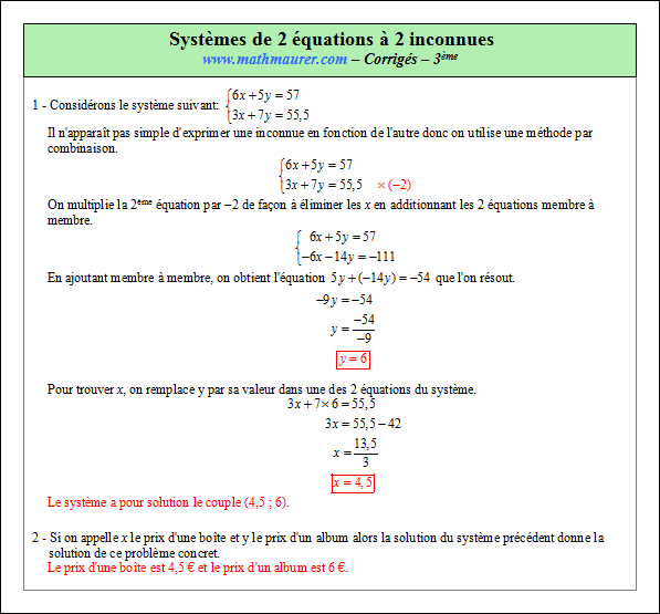 Corrigé exercice 9 sur les systèmes de deux équations à deux inconnues