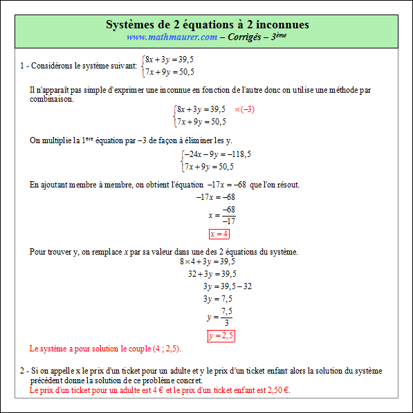 Corrigé exercice 10 sur les systèmes de deux équations à deux inconnues