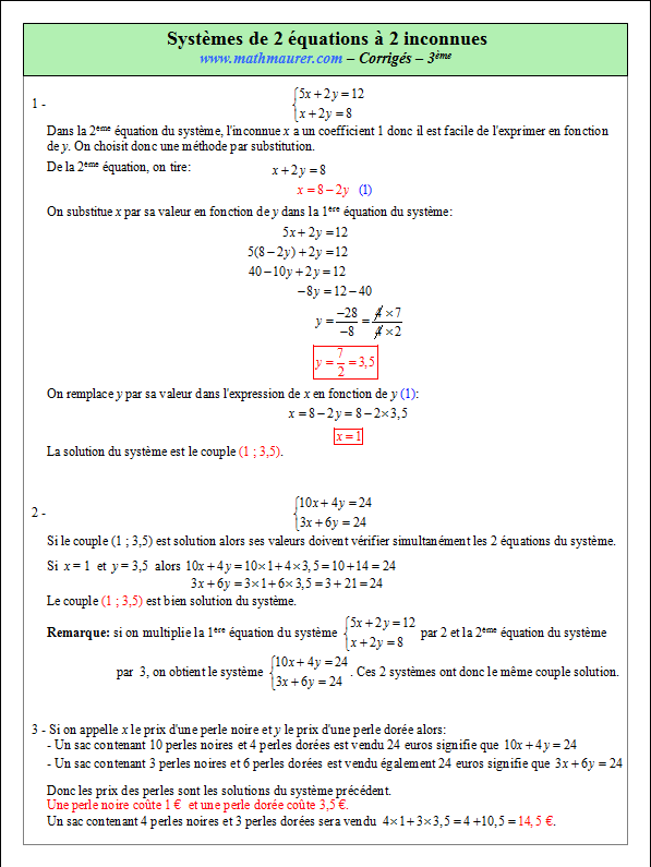 Corrigé exercice 11 sur les systèmes de deux équations à deux inconnues