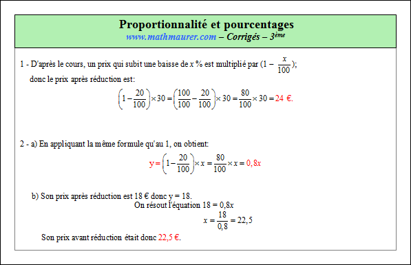Corrigé exercice 2 sur la proportionnalité et les pourcentages