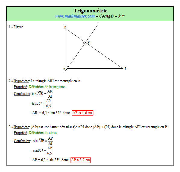 Corrigé exercice 1 sur la trigonométrie
