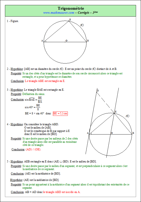 Corrigé exercice 5 sur la trigonométrie