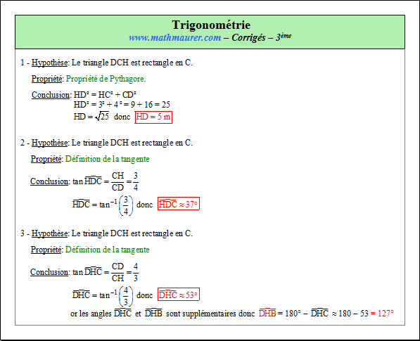 Corrigé exercice 7 sur la trigonométrie
