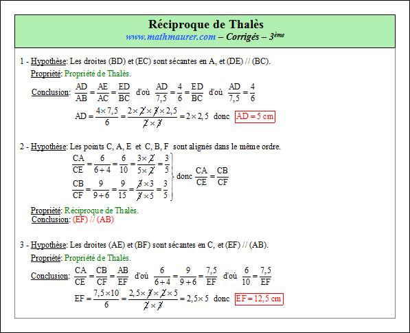 Corrigé exercice 1 sur la réciproque de Thalès