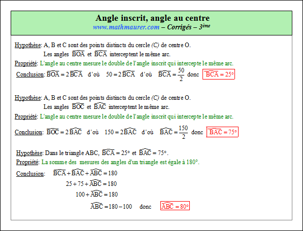Corrigé exercice 1 sur angle inscrit et angle au centre