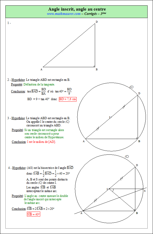 Corrigé exercice 2 sur angle inscrit et angle au centre