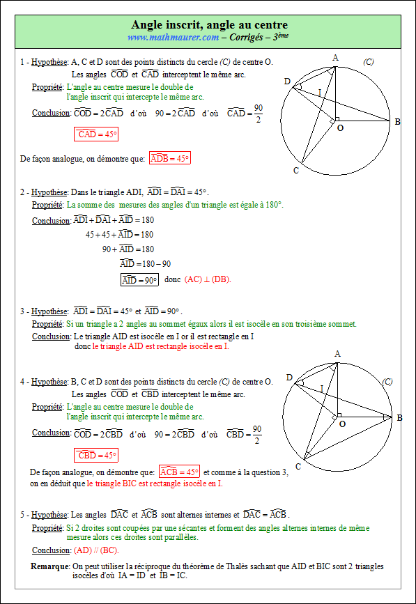 Corrigé exercice 3 sur angle inscrit et angle au centre