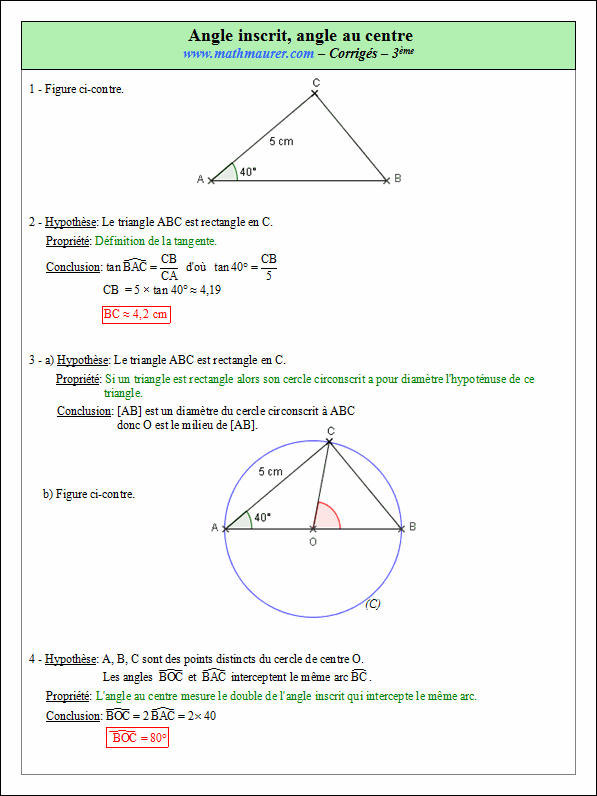 Corrigé exercice 4 sur angle inscrit et angle au centre