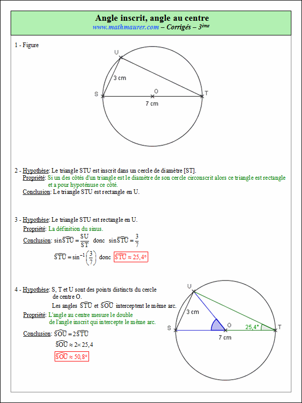 Corrigé exercice 5 sur angle inscrit et angle au centre