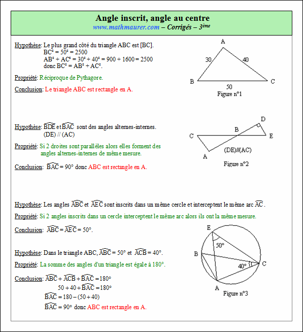 Corrigé exercice 6 sur angle inscrit et angle au centre