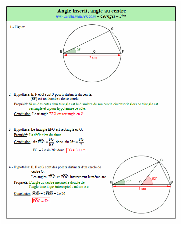 Corrigé exercice 7 sur angle inscrit et angle au centre