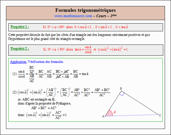 Cours sur les formules trigonométriques - troisième - page 1
