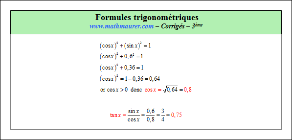 Corrigé exercice 1 sur les formules trigonométriques