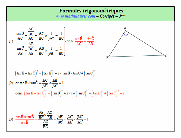 Corrigé exercice 3 sur les formules trigonométriques