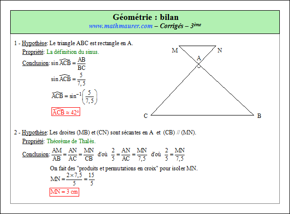 Corrigé exercice 1 bilans en géométrie