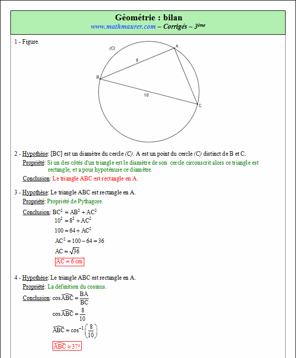 Corrigé exercice 3 bilans en géométrie